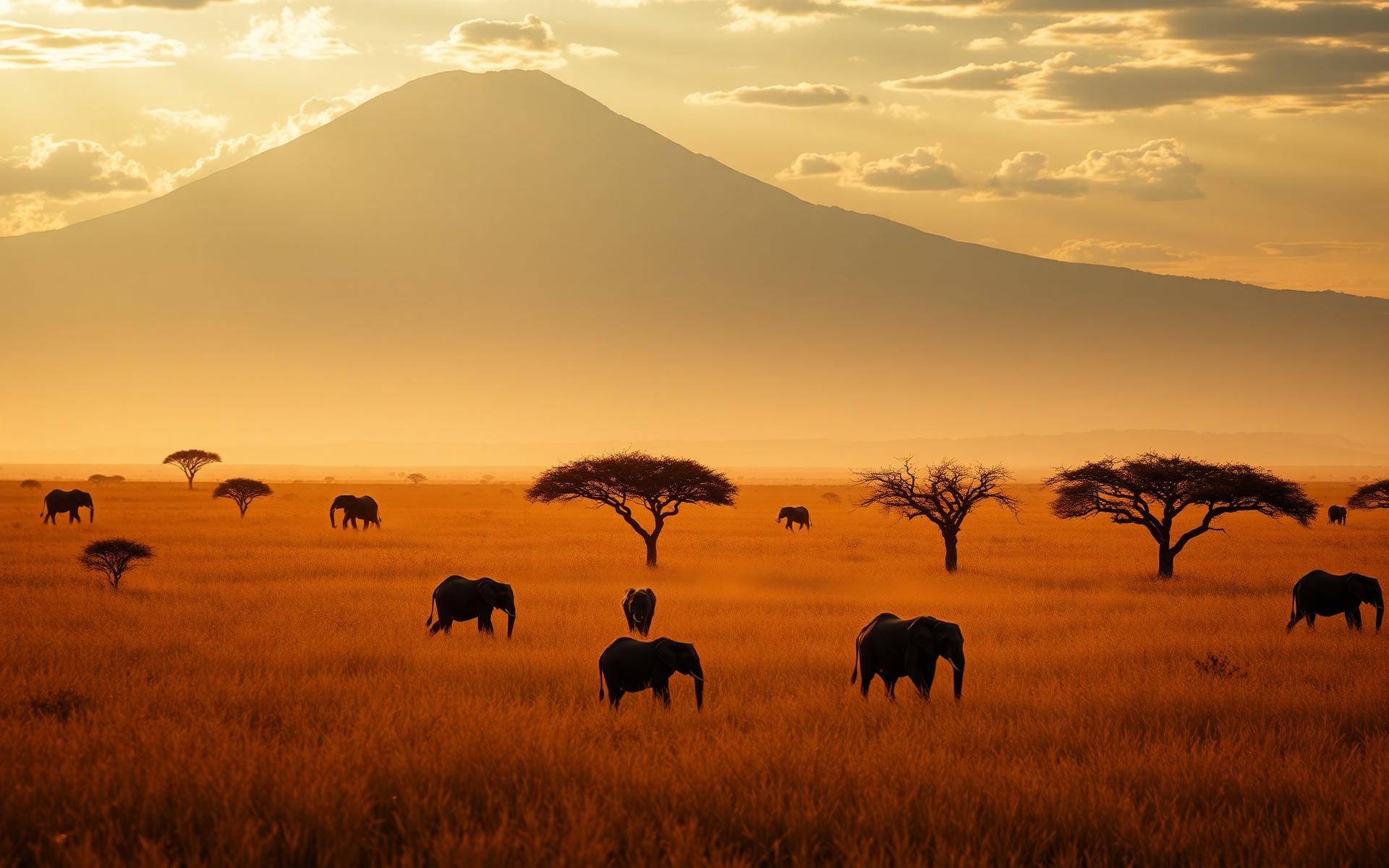 Elephants at sunrise on the Serengeti plains